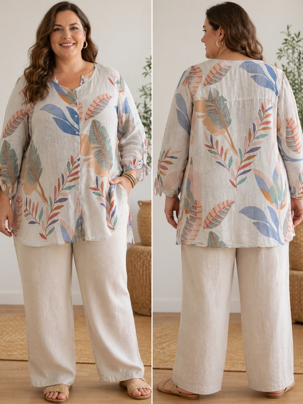 Cynthia Rowley Linen Tunic 2X, Boho Leaf Button Up Blouse